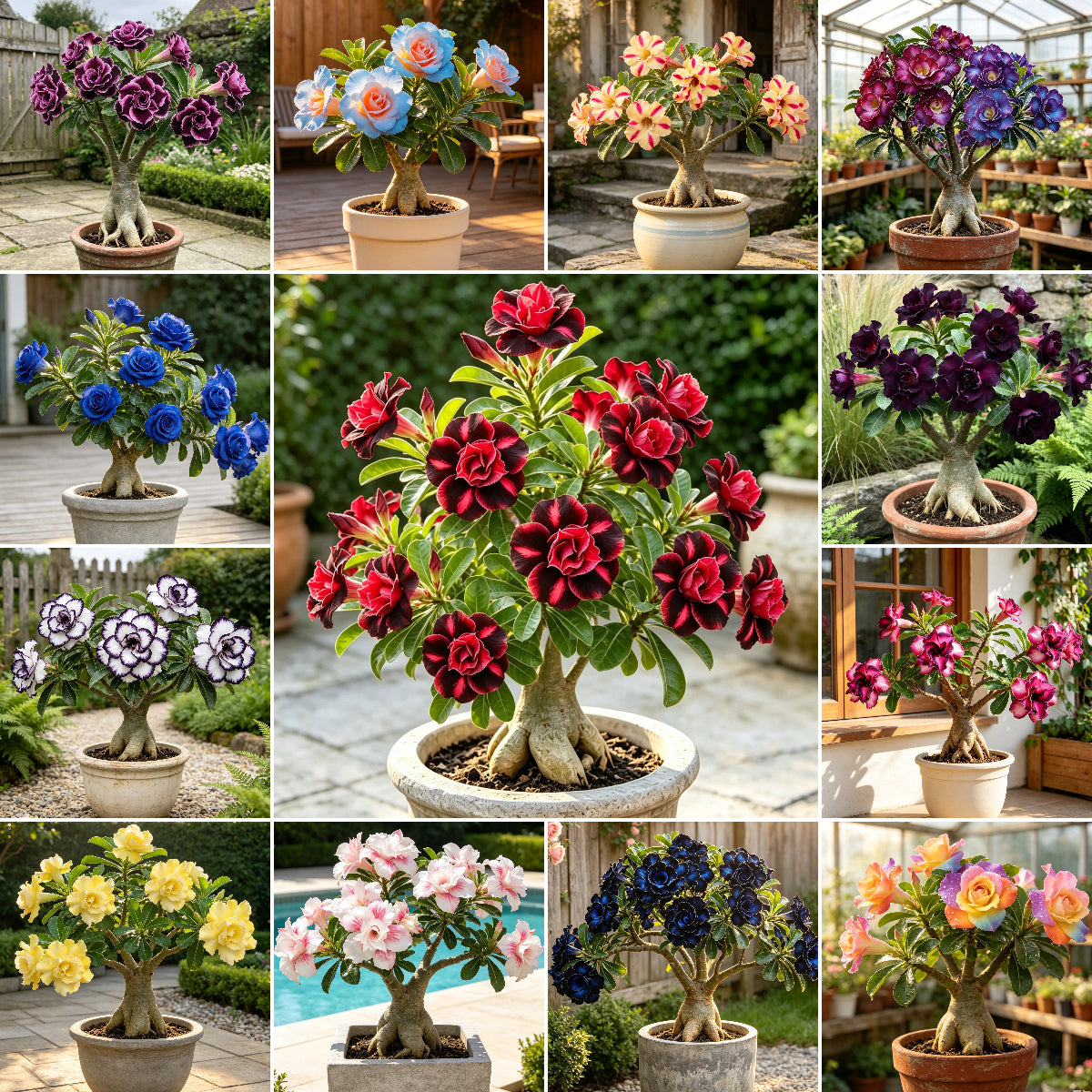 Ritka, többszínű, dupla sivatagi rózsák hagymái – könnyen termeszthetőek otthoni kertekben