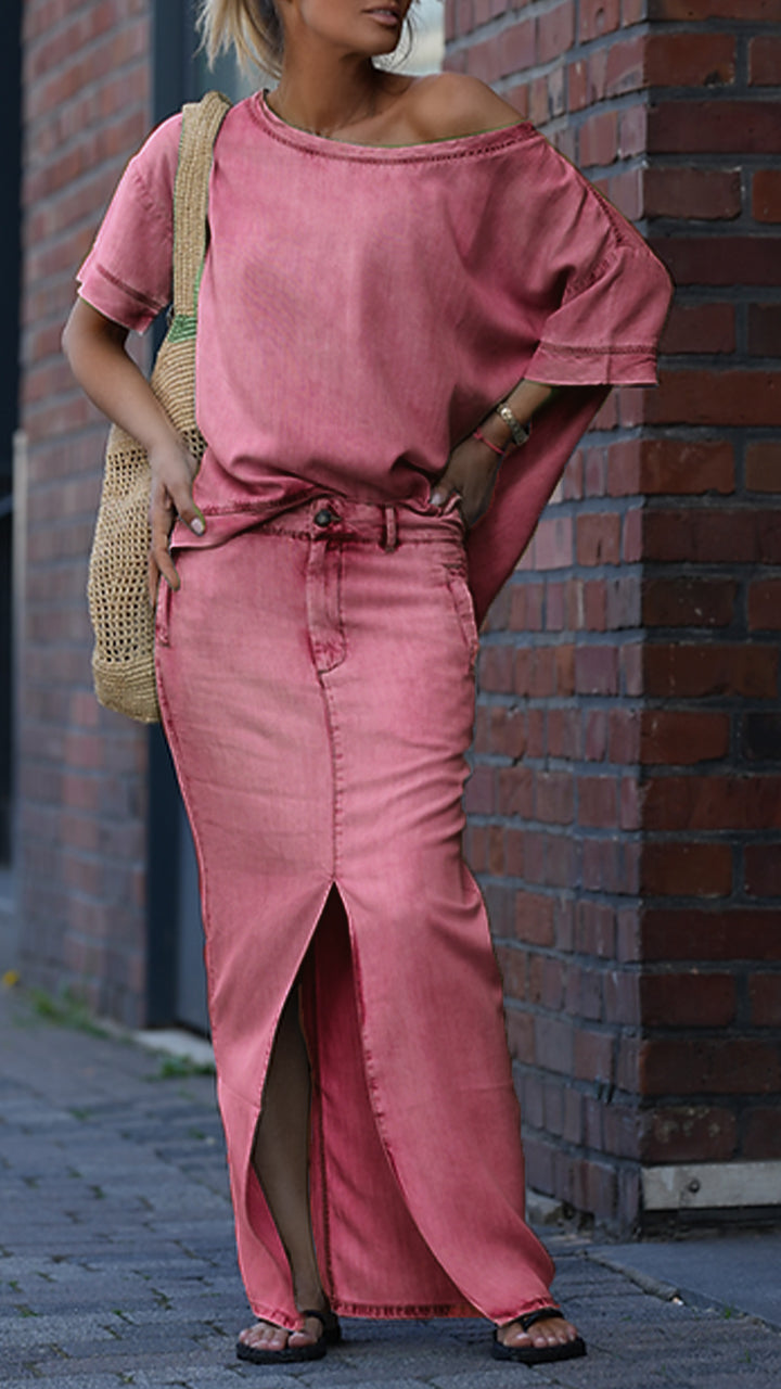 Női lezser kerek nyakú kosztüm Tencel farmerből