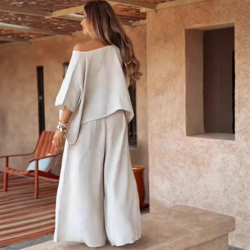 ⏳Korlátozott ideig érvényes különleges ajánlat💕 Női kétrészes szett váll nélküli felsővel és bő szárú nadrággal