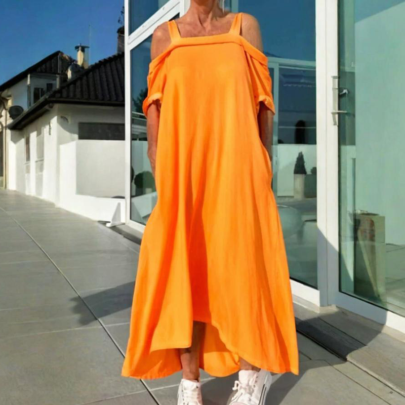🏖️Különleges nyári ajánlatok🌴Női lezser maxi ruha hideg vállakkal