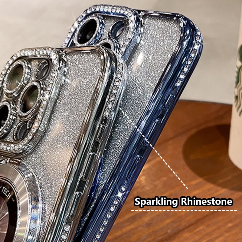 Mágneses iPhone tok csillámos strasszokkal és láthatatlan állvánnyal