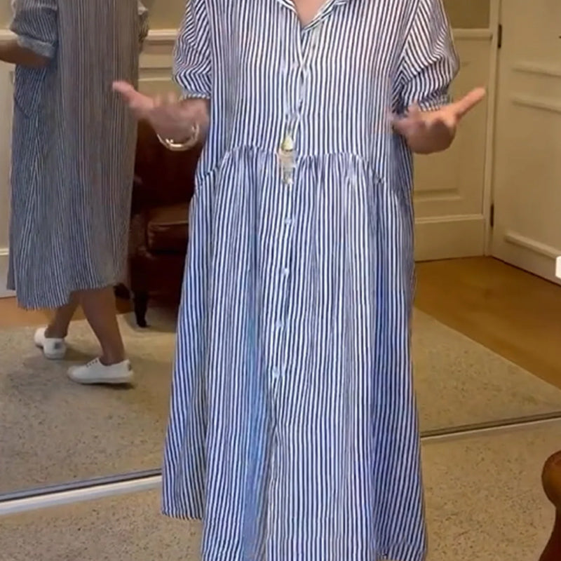 🔥👗 Csíkos ingruha hajtókával és gombokkal | Funkcionális zsebekkel