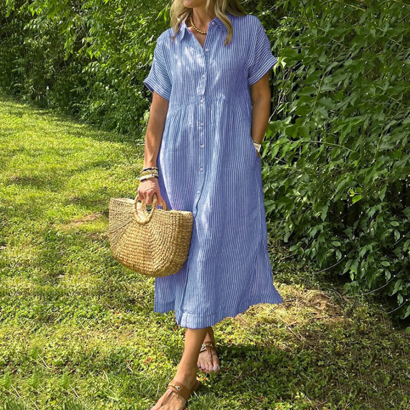 🔥👗 Csíkos ingruha hajtókával és gombokkal | Funkcionális zsebekkel