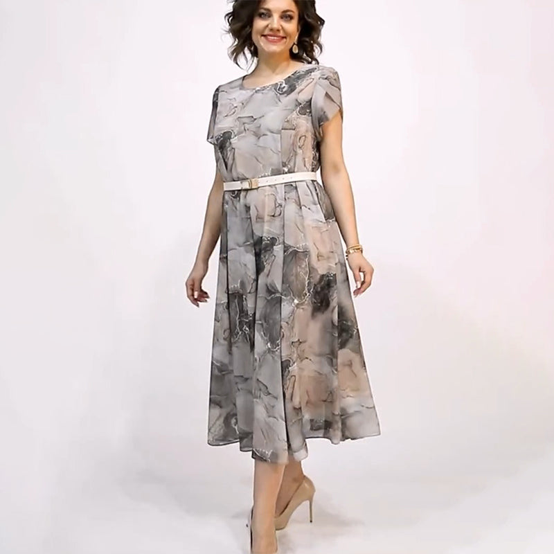 Női elegáns kerek nyakú, rövid ujjú midi ruha