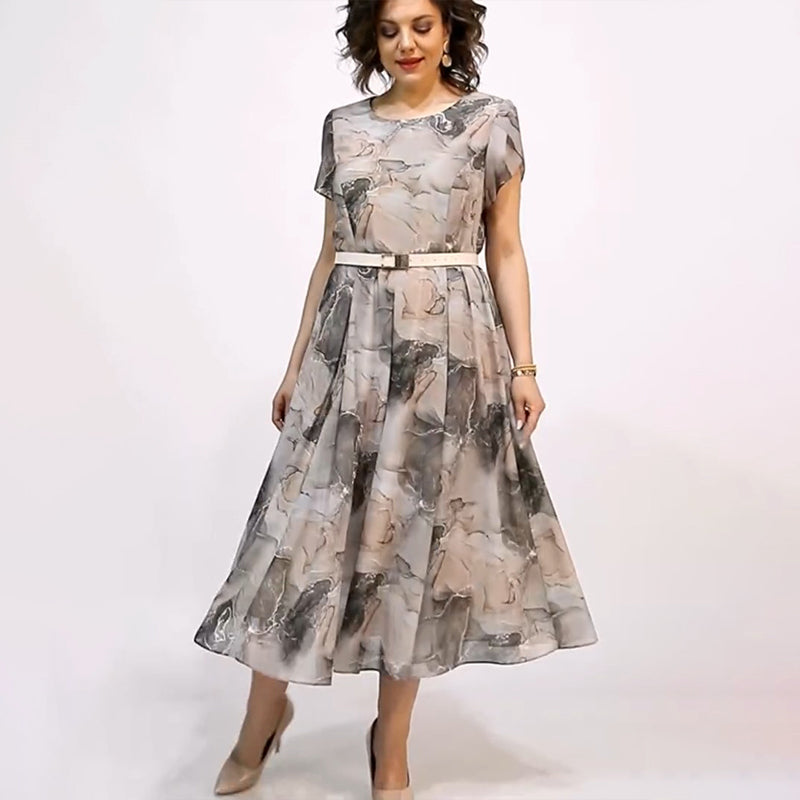 Női elegáns kerek nyakú, rövid ujjú midi ruha