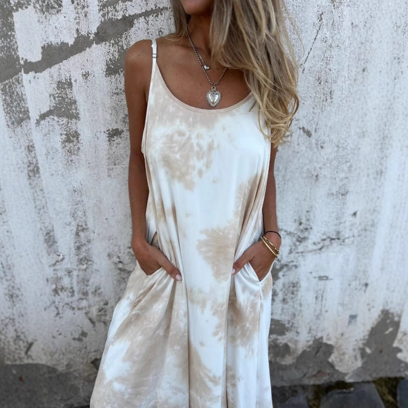 Női batikolt, színátmenetes, nyomtatott spagettipántos ruha