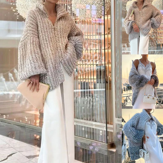 【Újdonságok 2025-ből】  Flitteres női kötött pulóver teljes cipzárral