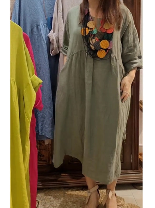 Női pamut és lenvászon zsebes ruha