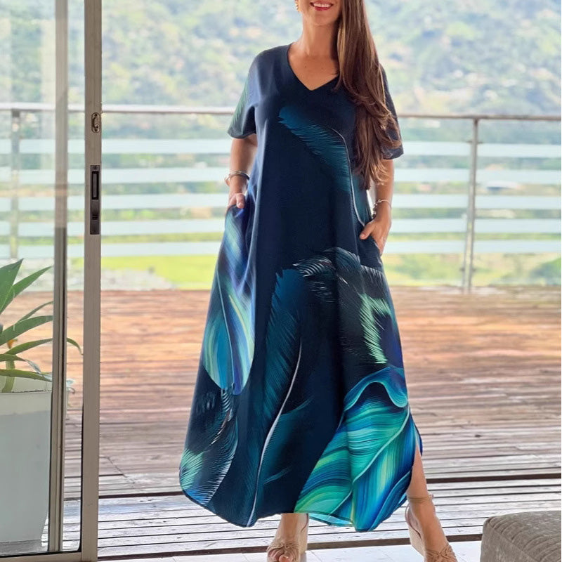 Női laza, lezser V-nyakú ruha mintával és rövid ujjakkal