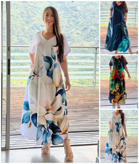 👗 Női hosszú ruha nyomtatott mintával és V-nyakkivágással