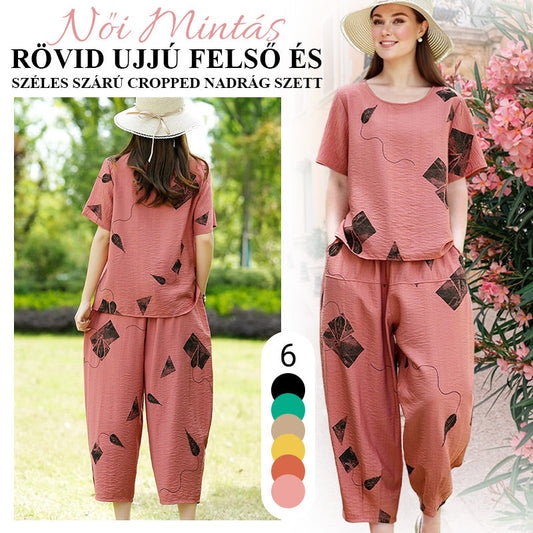 💞 Női Mintás Rövid Ujjú Felső És Széles Szárú Cropped Nadrág Szett