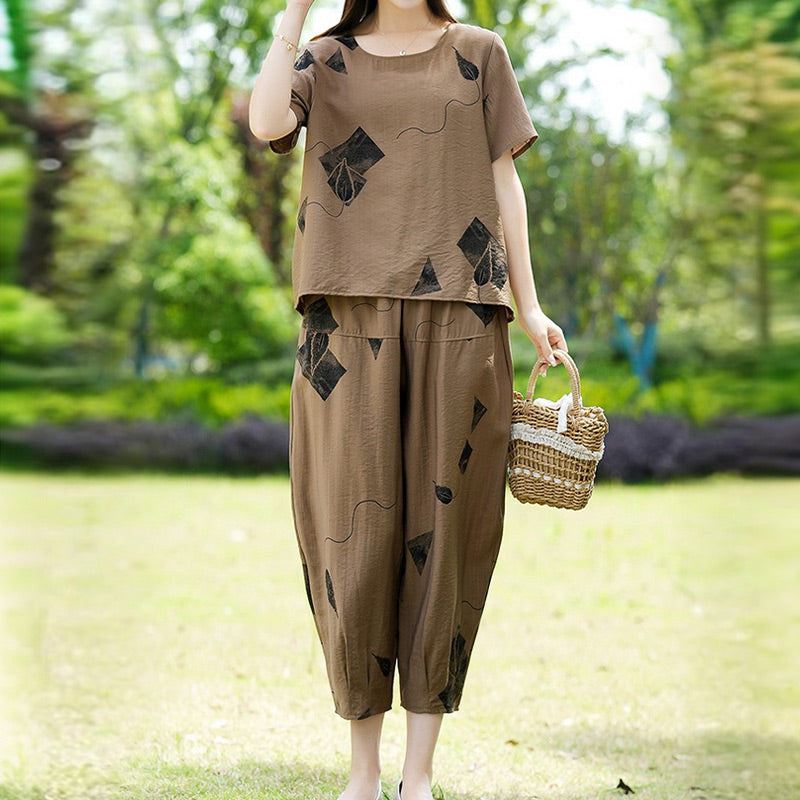 💞 Női Mintás Rövid Ujjú Felső És Széles Szárú Cropped Nadrág Szett