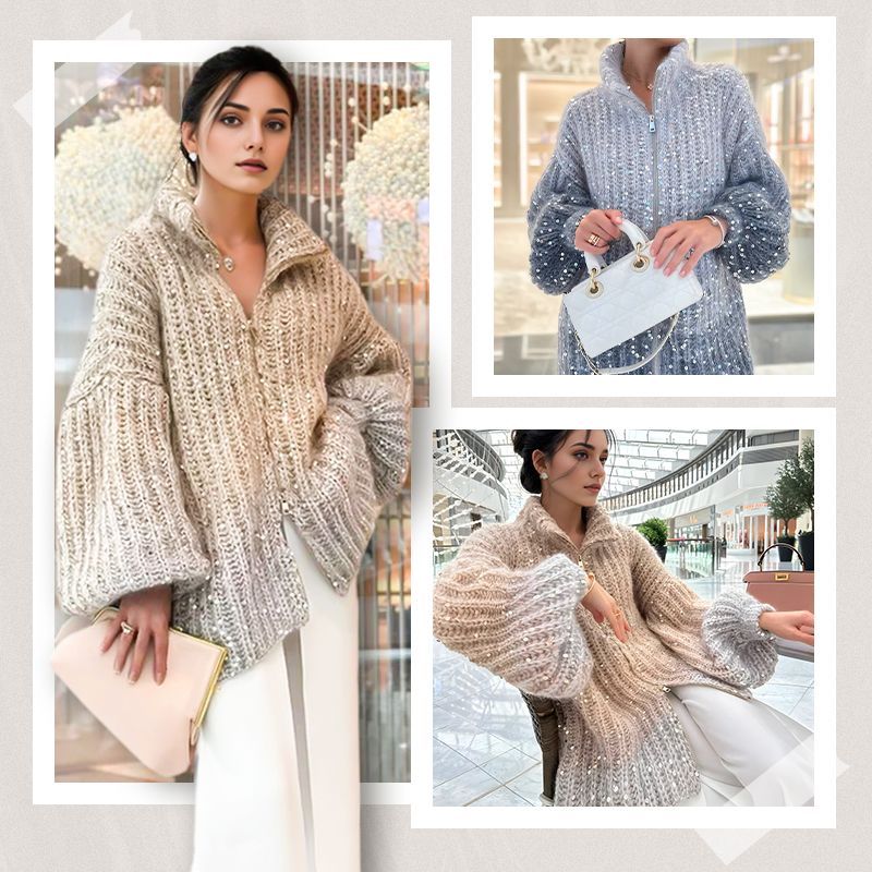 【Újdonságok 2025-ből】  Flitteres női kötött pulóver teljes cipzárral