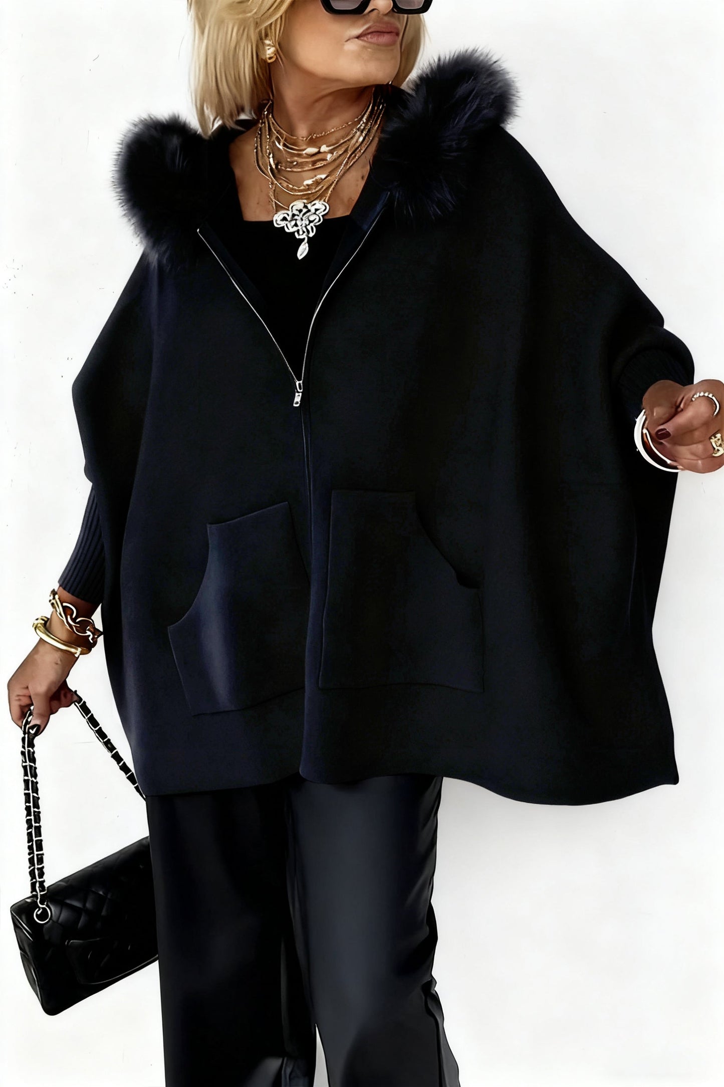 Női lezser kabát egyszínű szőrmegallérral
