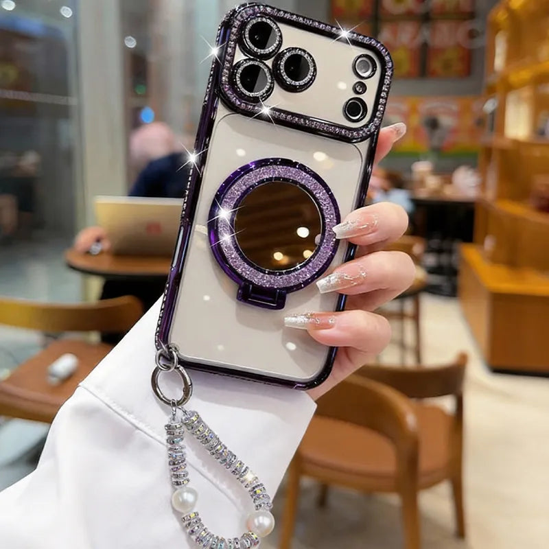 ✨💎Csillogó gyémánt mintás női telefontok tükörrel és állvánnyal iPhone 12/13/14/15/16/17 Pro Max,17Air,14/15/16 Plus készülékekhez💖