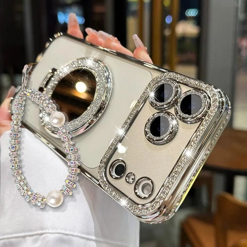 ✨💎Csillogó gyémánt mintás női telefontok tükörrel és állvánnyal iPhone 12/13/14/15/16/17 Pro Max,17Air,14/15/16 Plus készülékekhez💖