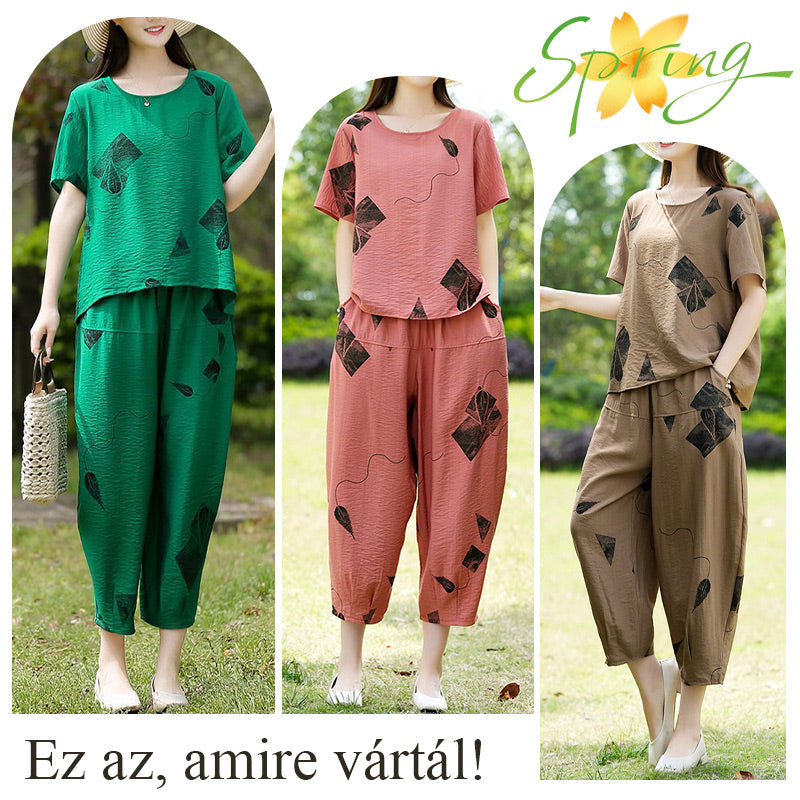 💞 Női Mintás Rövid Ujjú Felső És Széles Szárú Cropped Nadrág Szett