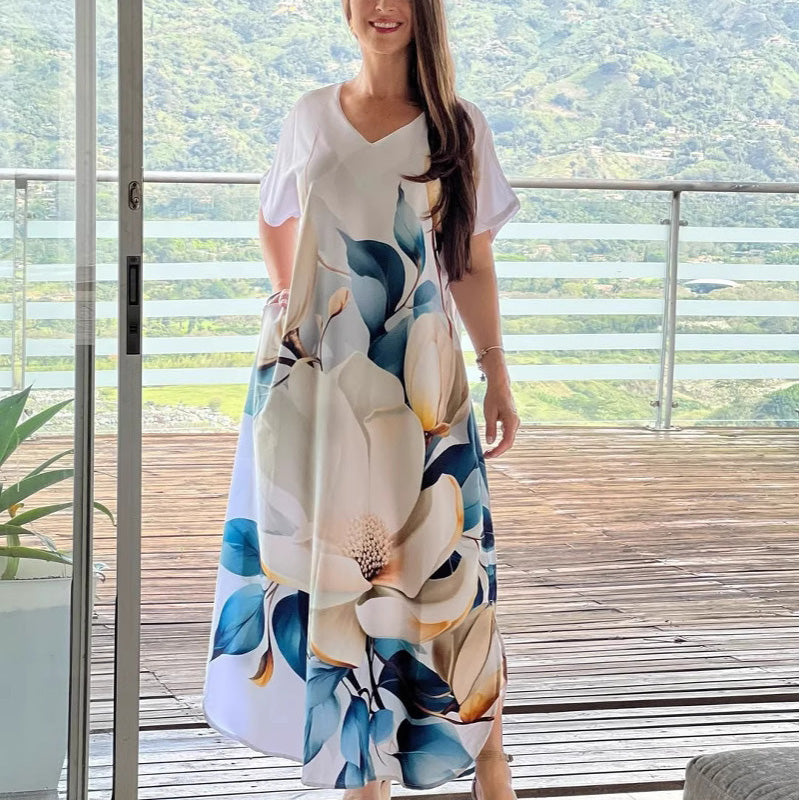 Női laza, lezser V-nyakú ruha mintával és rövid ujjakkal