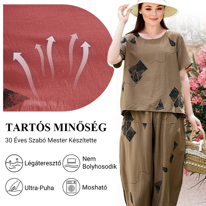 💞 Női Mintás Rövid Ujjú Felső És Széles Szárú Cropped Nadrág Szett