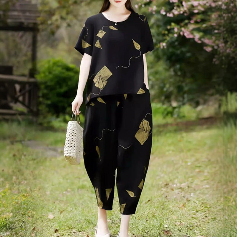 💞 Női Mintás Rövid Ujjú Felső És Széles Szárú Cropped Nadrág Szett