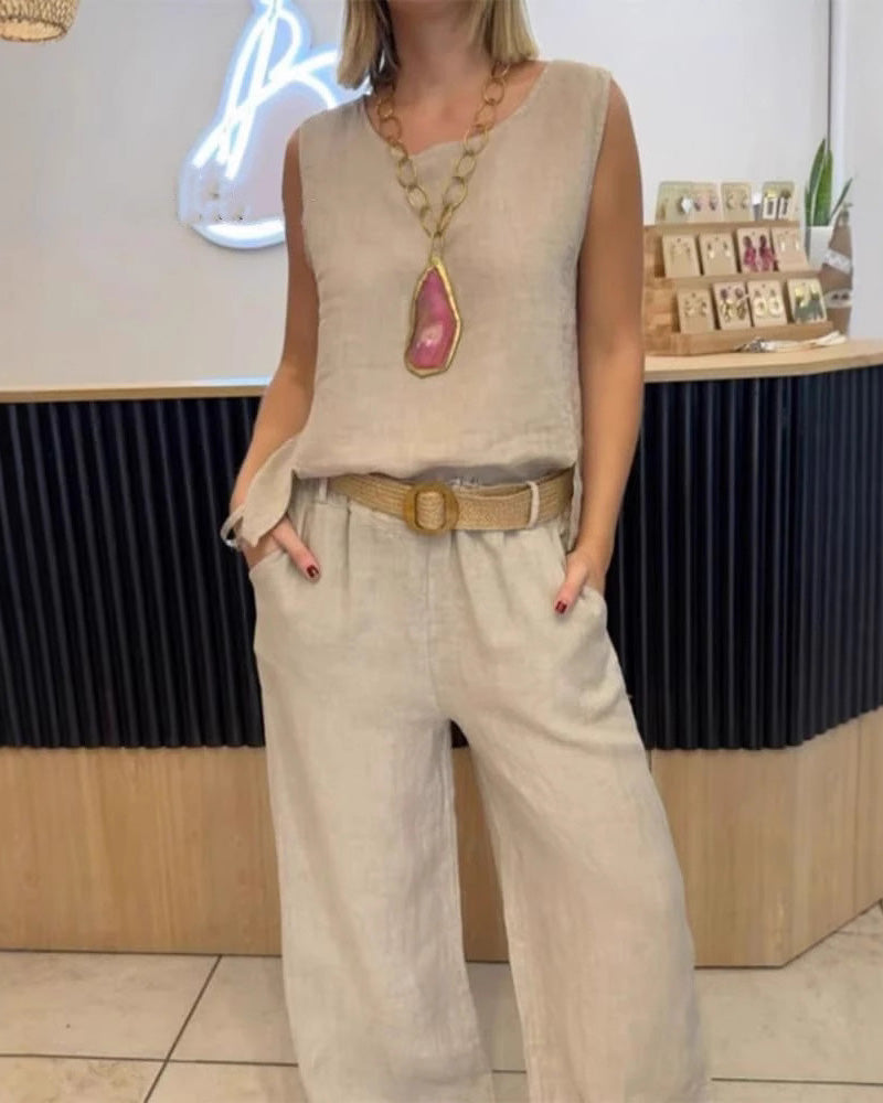 Egyszínű Pamut és Lenvászon Ujjatlan Nadrágszett