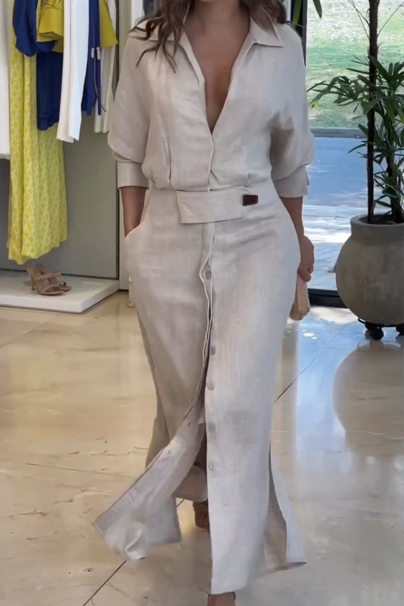 Egyszínű pamut és lenvászon maxi ruha