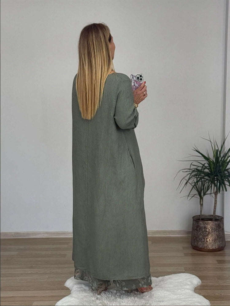 Casualowy nieregularny top i spodnie z szerokimi nogawkami Zestaw bawełny i lnu