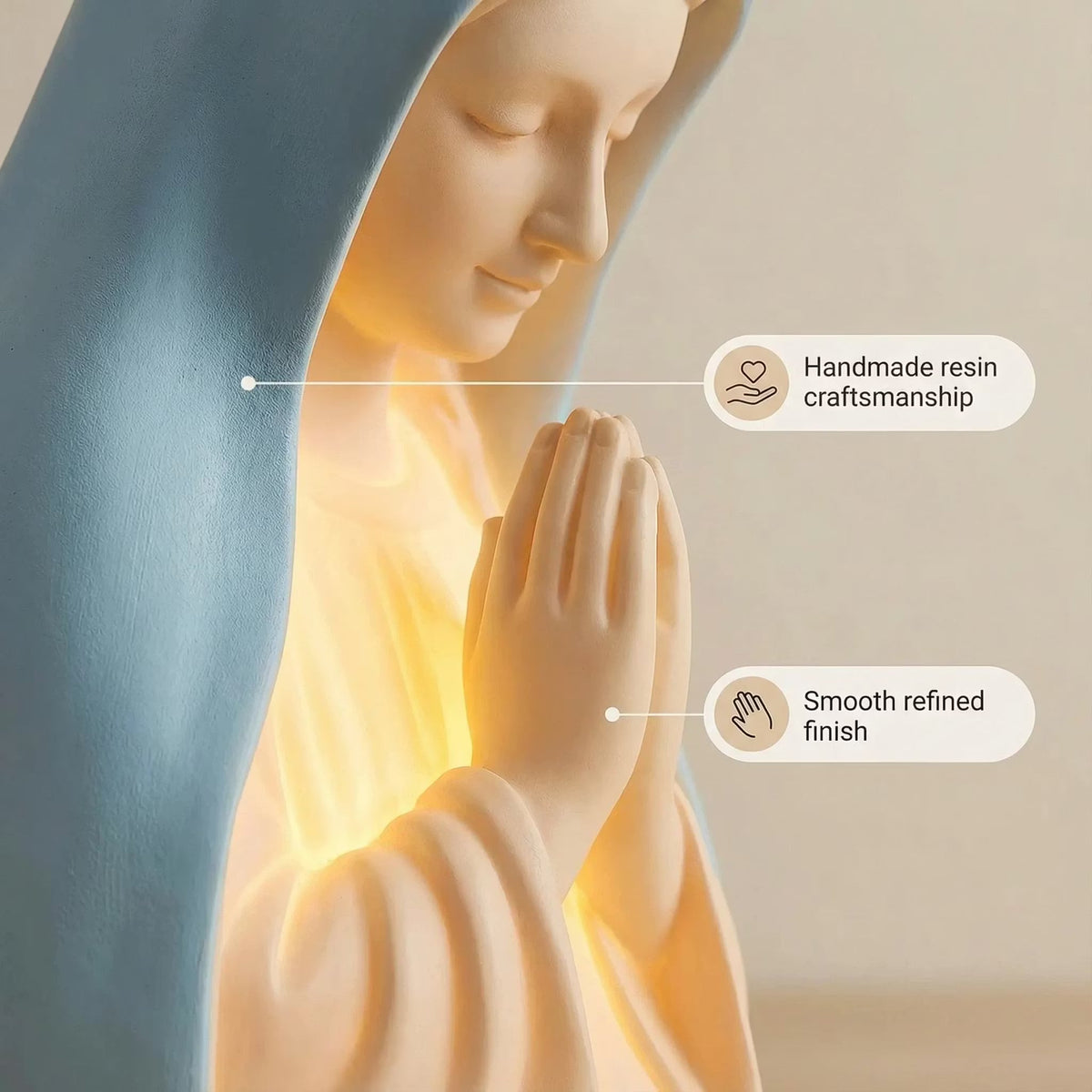 ✝️ Kézzel készített gyantából készült éjjeli lámpa, amely Szűz Máriát ábrázol – a béke és a védelem gyengéd ragyogása