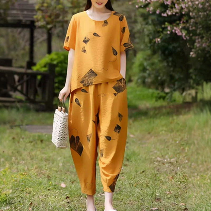 💞 Női Mintás Rövid Ujjú Felső És Széles Szárú Cropped Nadrág Szett