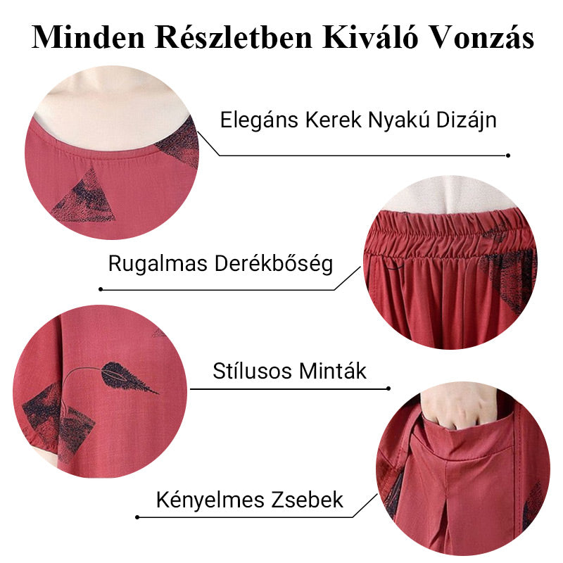 💞 Női Mintás Rövid Ujjú Felső És Széles Szárú Cropped Nadrág Szett