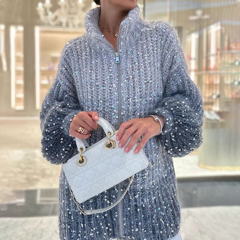 【Újdonságok 2025-ből】  Flitteres női kötött pulóver teljes cipzárral