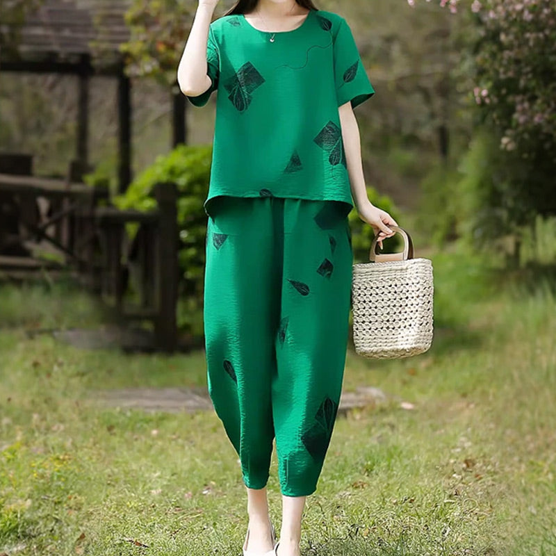 💞 Női Mintás Rövid Ujjú Felső És Széles Szárú Cropped Nadrág Szett