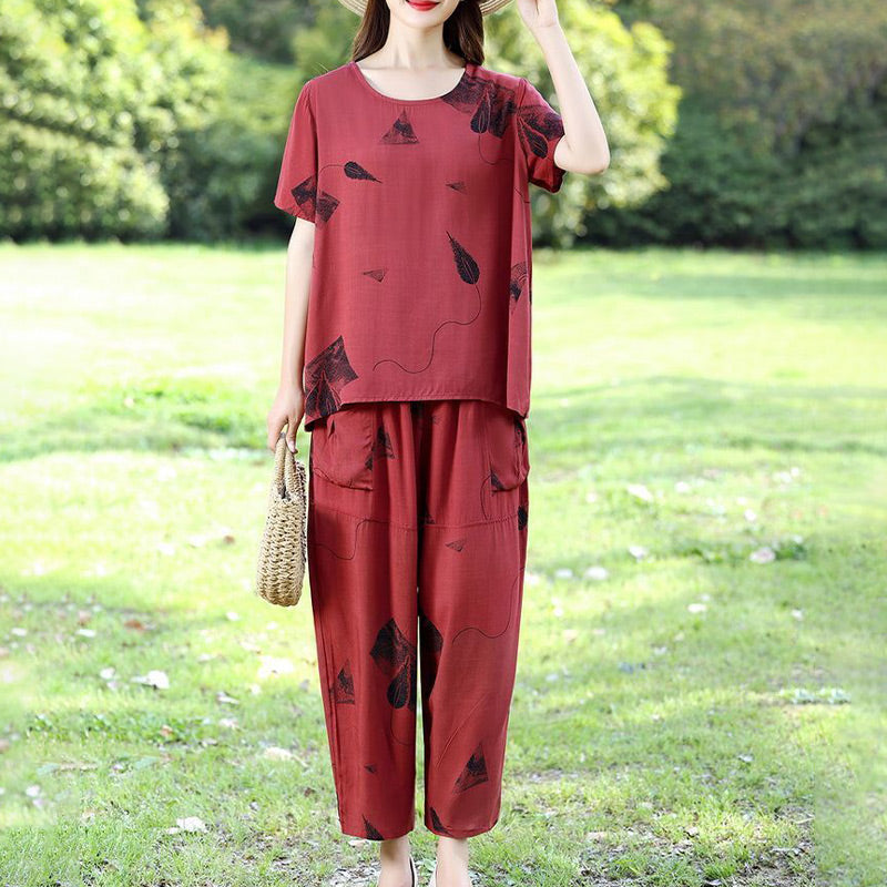 💞 Női Mintás Rövid Ujjú Felső És Széles Szárú Cropped Nadrág Szett