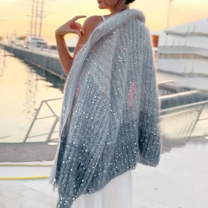 【Újdonságok 2025-ből】  Flitteres női kötött pulóver teljes cipzárral