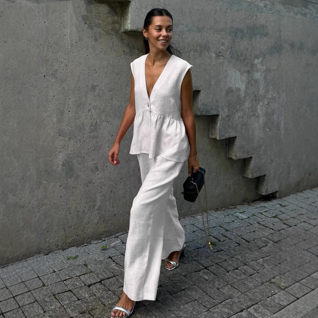 Kétrészes női szett tömör pamutból, V-nyakú, ujjatlan, blúz és nadrág