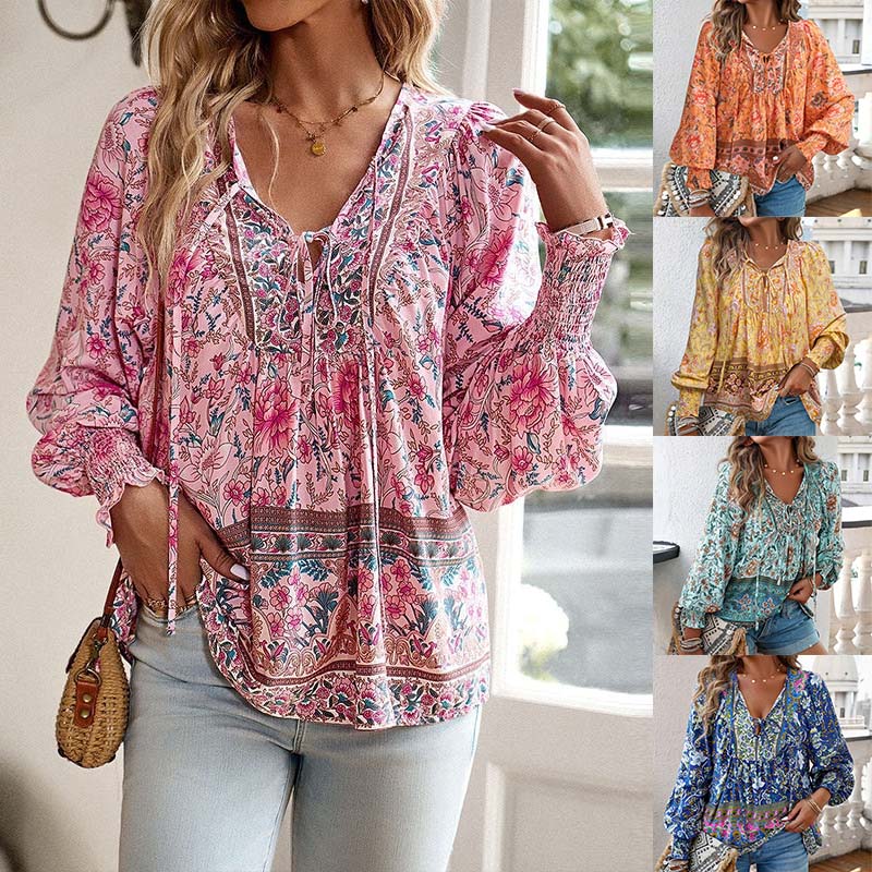 【S-2XL】🌺Női divatos, hosszú ujjú, nyomtatott V-nyakú ing