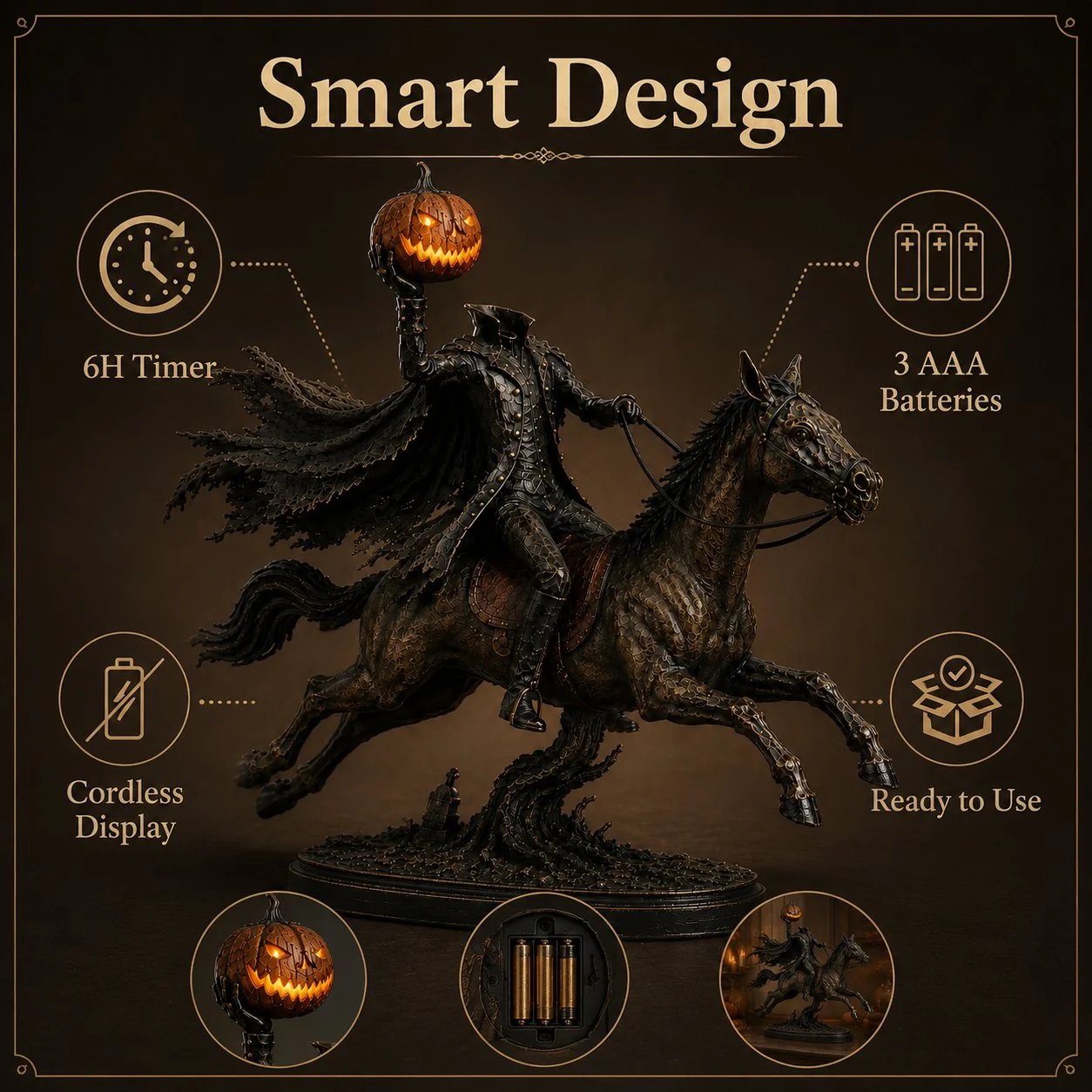 Éjféli Üldözés Fej Nélküli Lovas LED Figura – Halloween Dekoráció