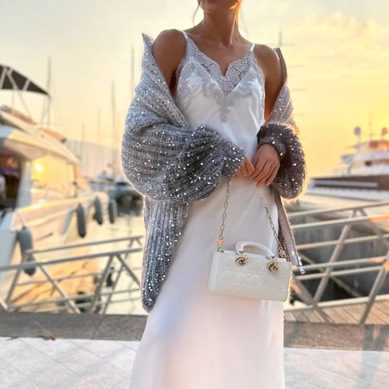 【Újdonságok 2025-ből】  Flitteres női kötött pulóver teljes cipzárral