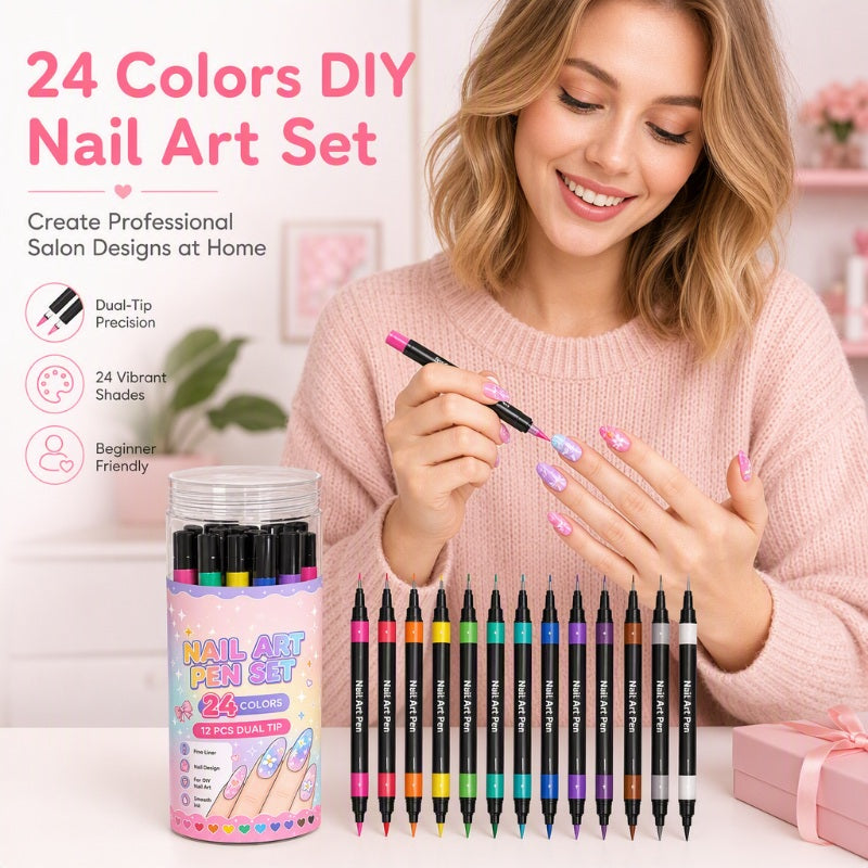 💅 KORLÁTOZOTT IDEIG 50% KEDVEZMÉNY! 💥 24 db színes, kétvégű körömdíszítő toll készlet – kreatív, szalonminőségű, könnyen elkészíthető saját kezűleg ✨