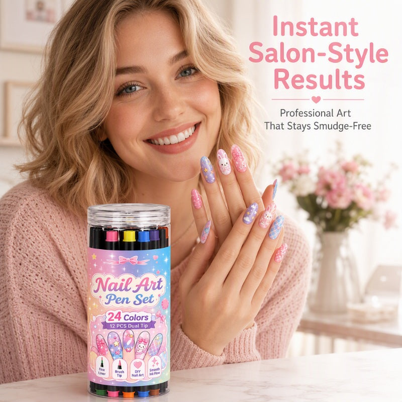 💅 KORLÁTOZOTT IDEIG 50% KEDVEZMÉNY! 💥 24 db színes, kétvégű körömdíszítő toll készlet – kreatív, szalonminőségű, könnyen elkészíthető saját kezűleg ✨