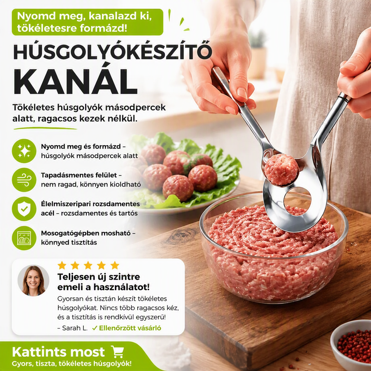 🥄 Acél húsgombóc-formázó kanál – Egyenletes gombócok, tartós ⚡