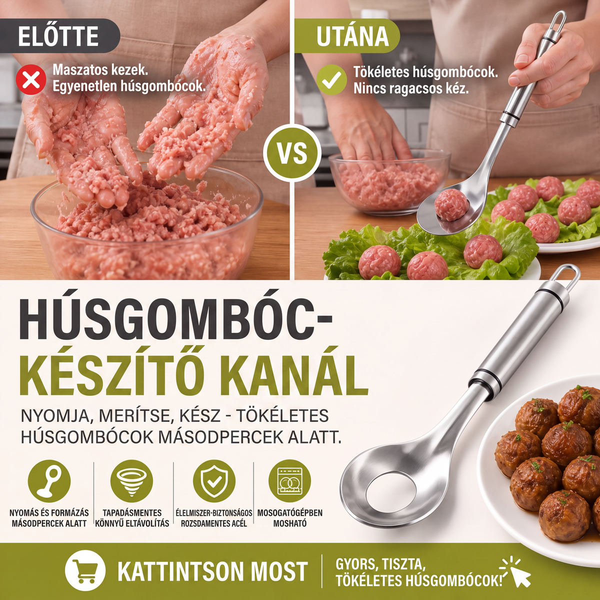 🥄 Acél húsgombóc-formázó kanál – Egyenletes gombócok, tartós ⚡