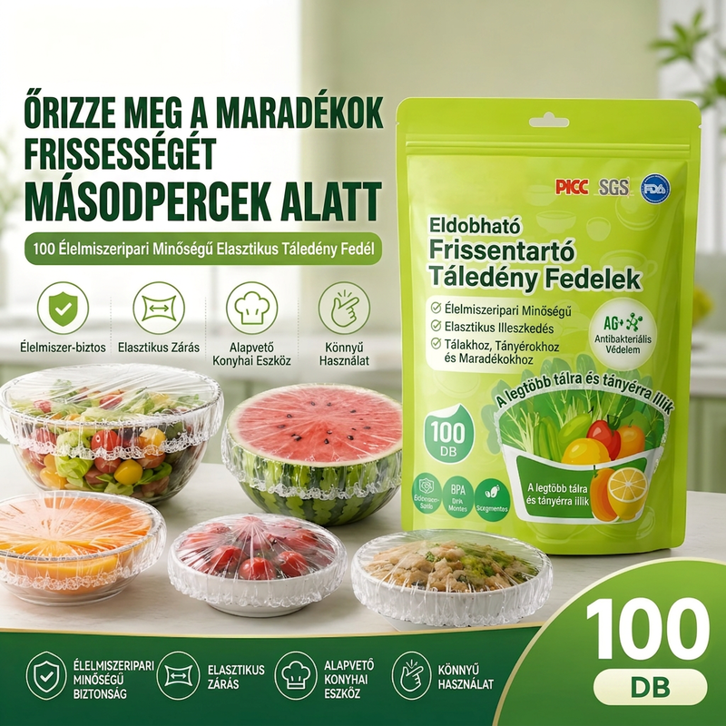 🌿 Antibakteriális élelmiszer fólia – Élelmiszer-minőségű, 100 darabos kiszerelés ⚡