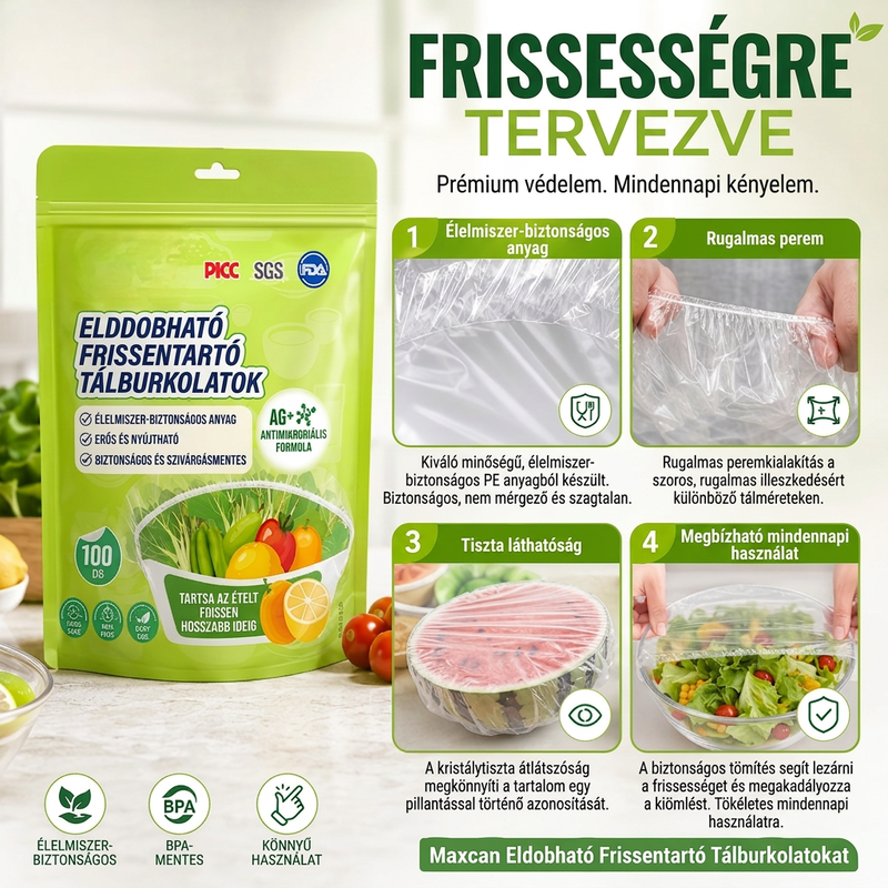 🌿 Antibakteriális élelmiszer fólia – Élelmiszer-minőségű, 100 darabos kiszerelés ⚡