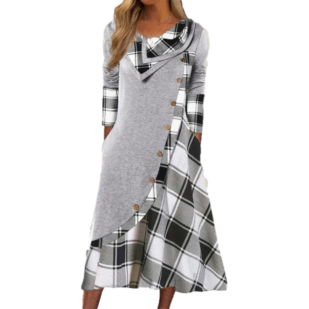 👗 Női Kockás Patchwork Garbós Maxiruha – Elegáns Őszi Hosszú Ruha & Meleg Viselet
