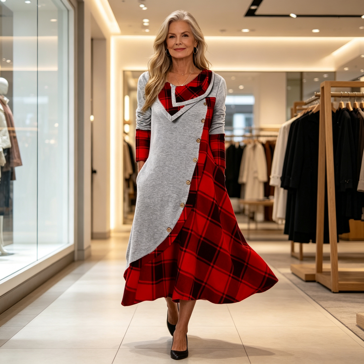 👗 Női Kockás Patchwork Garbós Maxiruha – Elegáns Őszi Hosszú Ruha & Meleg Viselet