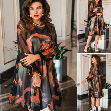 👗Folyó kerek nyakú ruha hosszú ujjakkal és nyomtatással