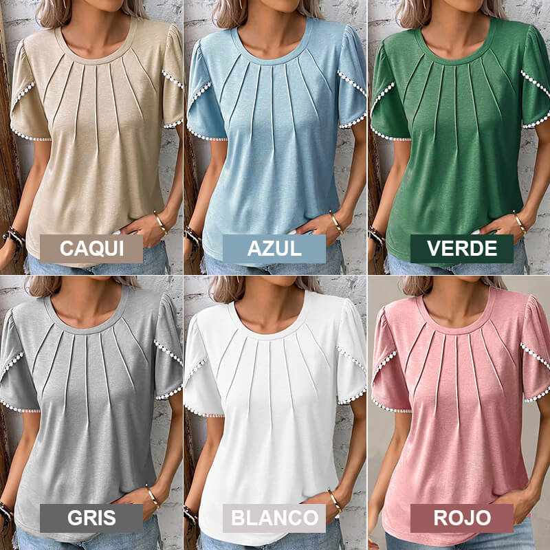 🔥Új női lezser egyszínű csipkés kerek nyakú póló