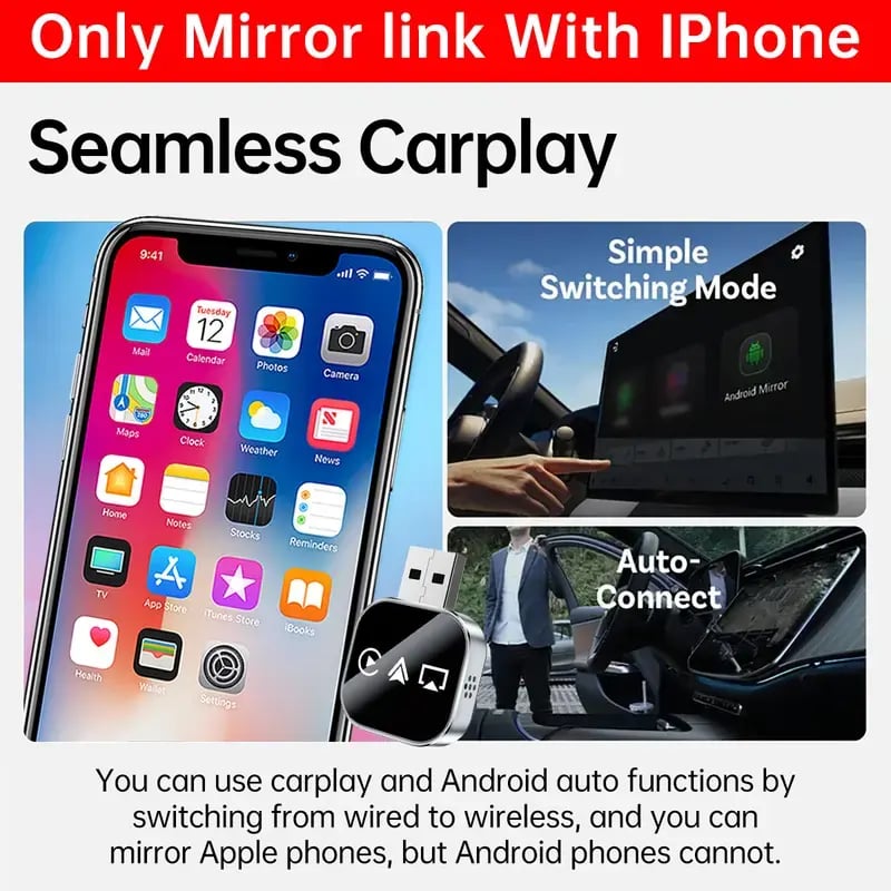 📶 2026-os frissítés 3 az 1-ben képernyőtükör iOS telefonra, vezeték nélküli Carplay adapterhez csatlakoztatva