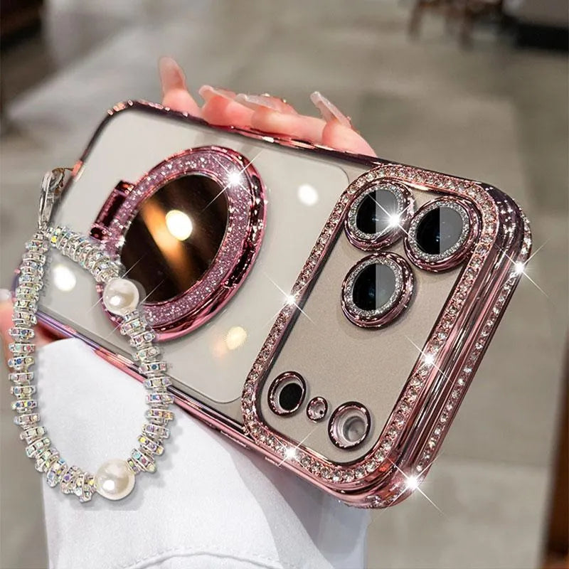 ✨💎Csillogó gyémánt mintás női telefontok tükörrel és állvánnyal iPhone 12/13/14/15/16/17 Pro Max,17Air,14/15/16 Plus készülékekhez💖